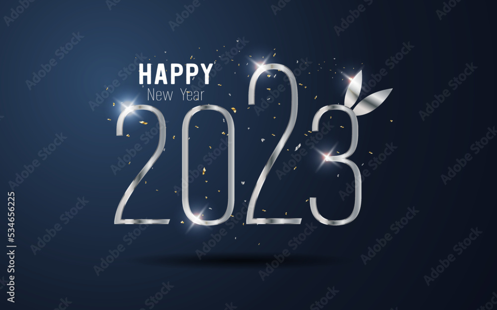 Happy New Year 2023. metal number and ribbon on blue gradient background. Happy New Year 2023. metal number and ribbon on blue gradient background.
