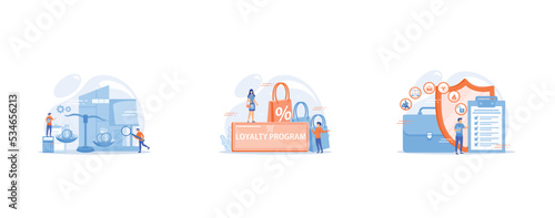 Real estate agency, property selling and buying, Loyalty program, personalized promotion, use your purchase history concept, Economic crisis, set flat vector modern illustration