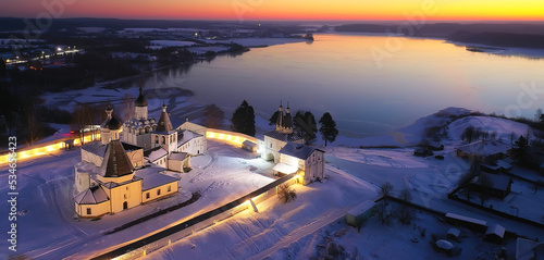 ferapontovo winter monastery landscape, top view christmas religion architecture background photo