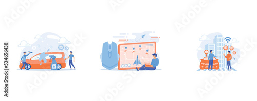 Auto wash attendants cleaning the exterior of the vehicle with special equipment, Gamer with laptop overcomes challenges in space video game and gaming mouse, Carsharing service, short periods rent, b