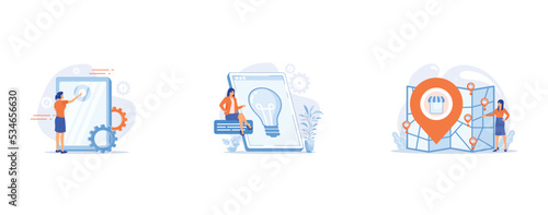 New gadget testing, Creative business solution presentation, Small business expansion, set flat vector modern illustration