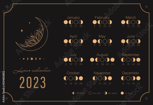 Moon calendar 2023 year. Lunar phases shedule template. Boho astrological poster. Vintage vector illustration.