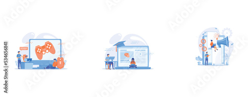Computer gaming industry, cybersport training, Students using e-learning platform video on laptop and graduation cap, Tablet with loudspeaker and team working on white paper, set flat vector modern il