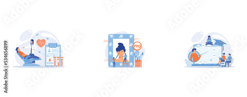 Nurse with donor sitting in medical chair and donating blood in donation bag, Professional makeup artists applying make up with brush on woman face in mirror, Script writing, software engineering, set