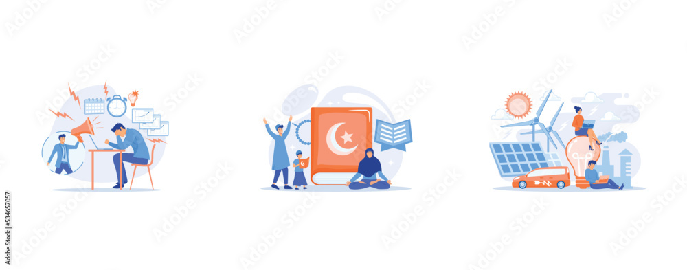 Exhausted, frustrated worker, burnout, Muslim family in traditional clothes reading holy book Quran, tiny people, People around huge lamp analyzing power data, set flat vector modern illustration