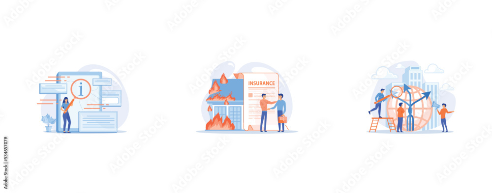 User looking for information in tablet with magnifier, Burn house, flaming building, Career opportunity, set flat vector modern illustration User looking for information in tablet with magnifier, Burn house, flaming building, Career opportunity, set flat vector modern illustration