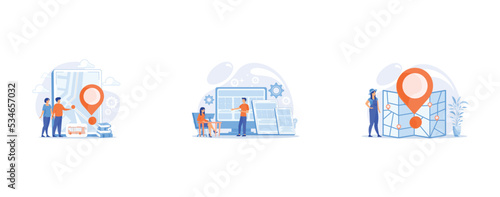 Exhausted, frustrated worker, burnout, Adaptive mobile app interface, web optimization, Journey route planning, set flat vector modern illustration