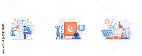 Exhausted, frustrated worker, burnout, Muslim family in traditional clothes reading holy book Quran, tiny people, People around huge lamp analyzing power data, set flat vector modern illustration