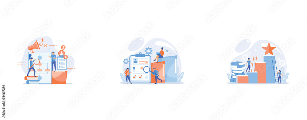 Businessmen with magnifier looking at business process flow chart, Recruiters and managers searching for candidate in huge CV for position, Businessman and woman start climbing ladder, set flat vector