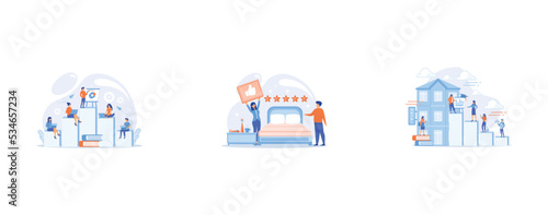 Employees with laptops learning at professional trainig, Luxurious service, satisfied customer feedback, positive review, Hostel employee, chef, maid, and bell boy education, set flat vector modern il