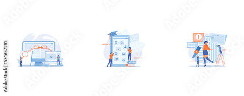 Online communication technology, internet business, marketing research, E- learning, Journalists interviewing famous person, set flat vector modern illustration