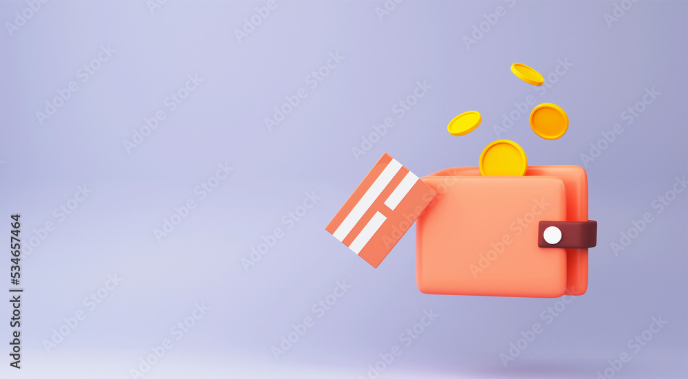 3D Render Wallet With Coins, Payment Card And Copy Space On Blue Background. 3D Render Wallet With Coins, Payment Card And Copy Space On Blue Background.