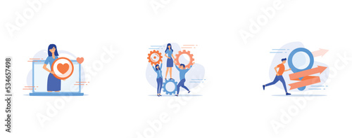 Online dating website, internet date, Effective coworking, Sightseeing tour, landmark visit, set flat vector modern illustration