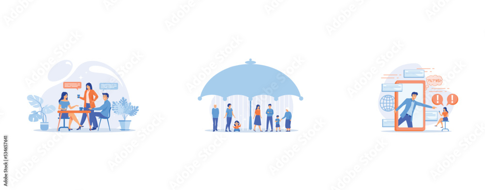 Group of friends sitting at the table talking, drinking coffee and tea, tiny people, Individuals under umbrella protection against economic hazards, Bully in smartphone harassing, threatening and inti Group of friends sitting at the table talking, drinking coffee and tea, tiny people, Individuals under umbrella protection against economic hazards, Bully in smartphone harassing, threatening and inti