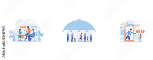 Group of friends sitting at the table talking, drinking coffee and tea, tiny people, Individuals under umbrella protection against economic hazards, Bully in smartphone harassing, threatening and inti