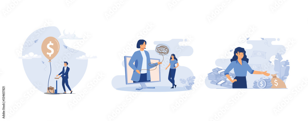 Investment bubble causing financial crisis, overvalued stock market or money inflation concept, Stress burden, mental problem, Banker offering loan, set flat vector modern illustration Investment bubble causing financial crisis, overvalued stock market or money inflation concept, Stress burden, mental problem, Banker offering loan, set flat vector modern illustration