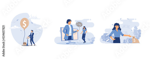 Investment bubble causing financial crisis, overvalued stock market or money inflation concept, Stress burden, mental problem, Banker offering loan, set flat vector modern illustration