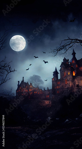 Medieval gothic castle in the dark Halloween with super moon and bats flying in the sky
