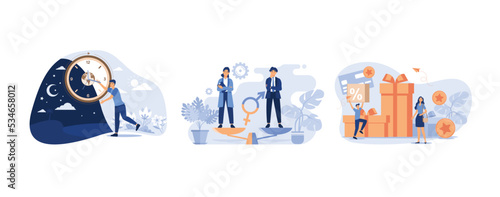 Man moving clock arrows and managing time, Gender equality concept, e-commerce programs provide satisfaction for customers by giving gifts, set flat vector modern illustration