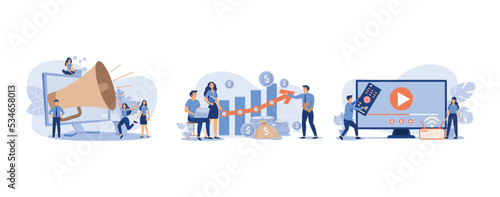 Noisy big megaphone, Startup managers presenting and analyzing sales growth chart, Tiny couple watching video on Internet, set flat vector modern illustration