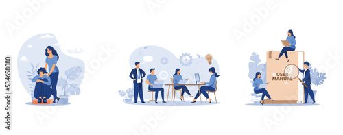 Woman giving comfort and support to friend, keeping palms on her shoulder, Company employees planning task and brainstorming, Tiny people with guide instructions or handbooks, set flat vector modern i
