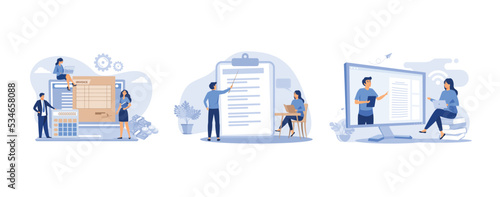 Little people prepare payment invoices, Teacher giving seminar to student in classroom, Female student listening webinar online, set flat vector modern illustration