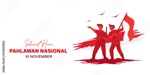 Hari Pahlawan Nasional day vector illustration poster background template with soldier holding flag photo