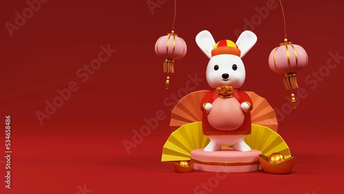3D Render Of Cartoon Rabbit Holding Coin Bag Over Podium With Ingots  Hanging Chinese Lanterns  Origami Paper Fans And Copy Space On Red Background.