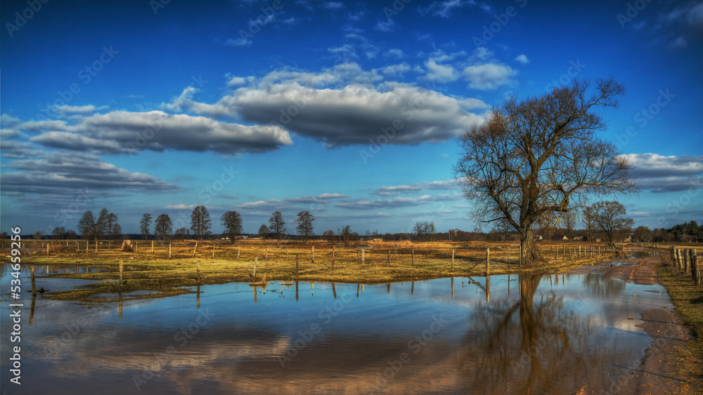 Landscape samazing blue sky with clouds valley river Narew Poland Europe spring time meadows under water backwards	