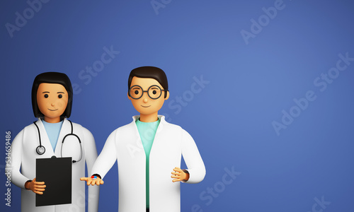 3D Rendering Of Male And Female Doctor Character Against Blue Background.