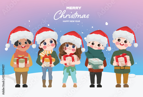People celebrating gifts in Merry Christmas and happy new year.