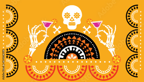 Dia de Los Muertos, Day of the Dead or Halloween greeting card,  banner, background. Sugar skulls, candle, maracas, guitar, sombrero,  marigold flowers, Сalavera la Catrina tradition skeleton decorati