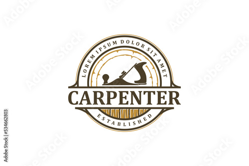 Capenter wood work logo design wood plane circular saw vintage timber lumberjack workshop 
