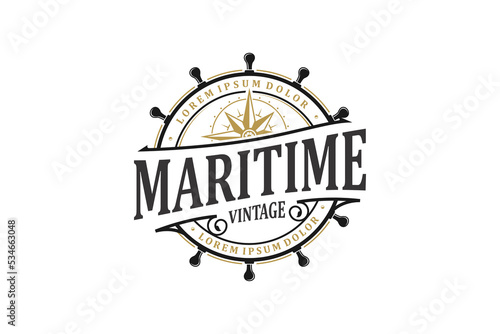 Maritime nautical logo design rounded shape steering wheel icon symbol wind rose illustration photo