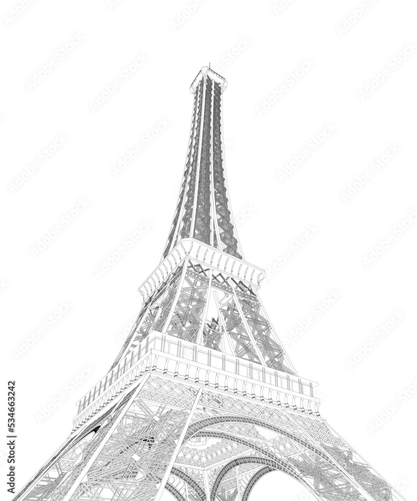 Fototapeta premium Outline of the Eiffel Tower from black lines isolated on a white background. Detailed tower. Bottom view. 3D. Vector illustration.