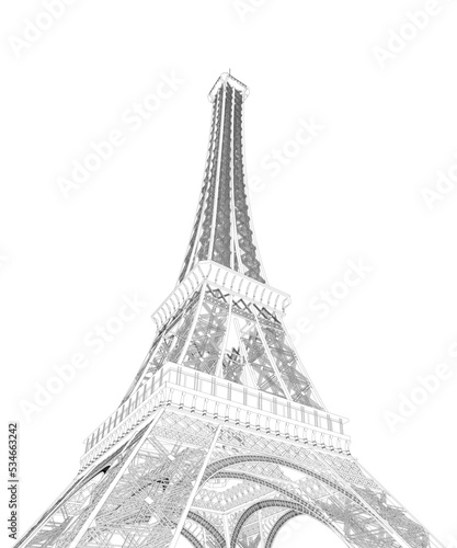 Outline of the Eiffel Tower from black lines isolated on a white background. Detailed tower. Bottom view. 3D. Vector illustration.