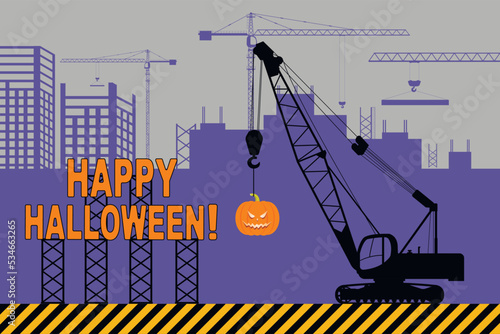 Greeting card for Halloween. A construction crane is holding a pumpkin.