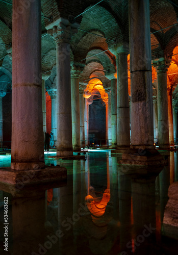 Basilica Cistern in Istanbul, Turkey. Dance of light. pillars and reflection undergroun. Yerebatan is one of favorite tourist attraction in Istanbul. Noise and grain include photo