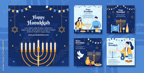 Happy Hanukkah Jewish Holiday Social Media Post Template Hand Drawn Cartoon Flat Illustration photo