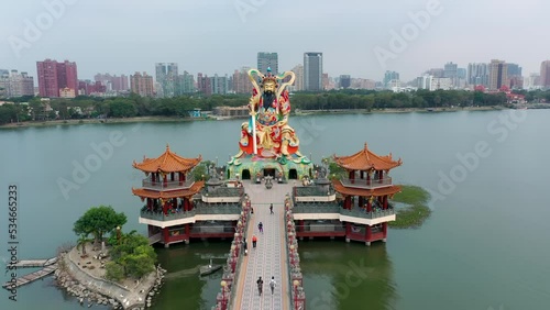 Aerial view 4k footage by drone of bridge of Zuoying Yuandi Temple at Lotus Pond in Kaohsiung, Taiwan. photo