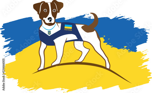 Ukrainian police dog by the name Patron in uniform with Ukrainian flag. Jack russell terrier service dog. Patron dog of demining and searching for bombs.