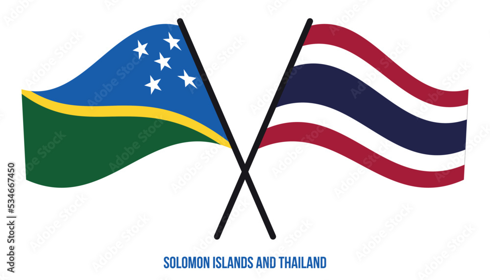 Solomon Islands and Thailand Flags Crossed And Waving Flat Style. Official Proportion. Correct Color