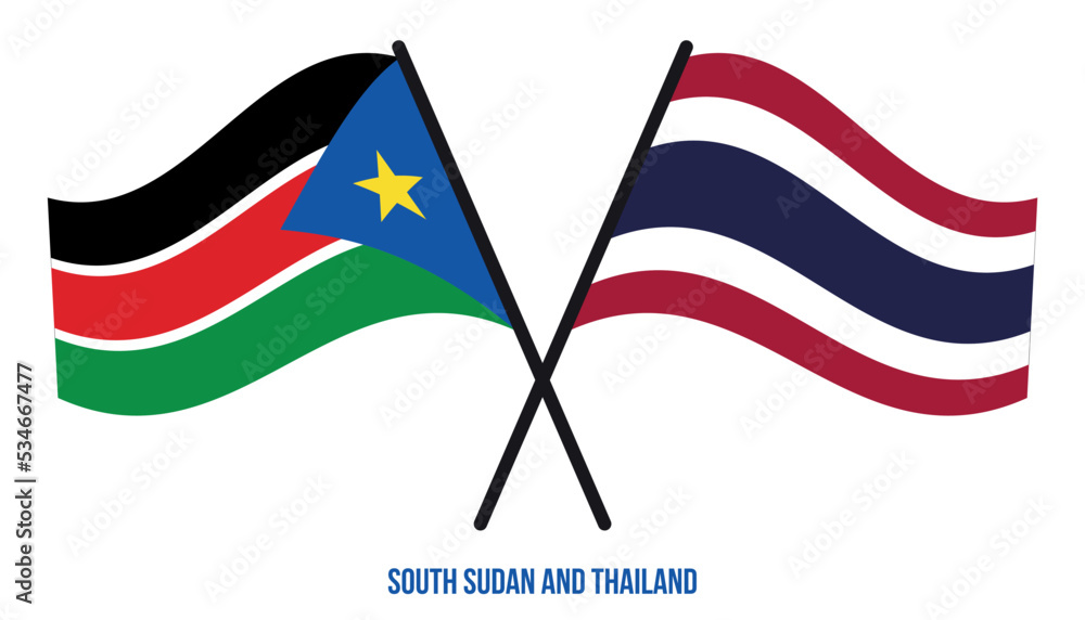 South Sudan and Thailand Flags Crossed And Waving Flat Style. Official Proportion. Correct Colors.