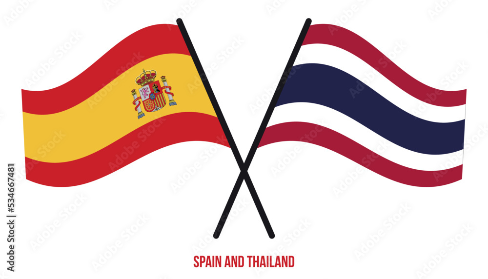 Spain and Thailand Flags Crossed And Waving Flat Style. Official Proportion. Correct Colors.