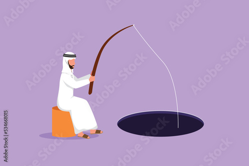 Character flat drawing Arab businessman sitting and holding fishing rod from hole. Male manager fishing with rod. Business investment metaphor. Make money from idea. Cartoon design vector illustration