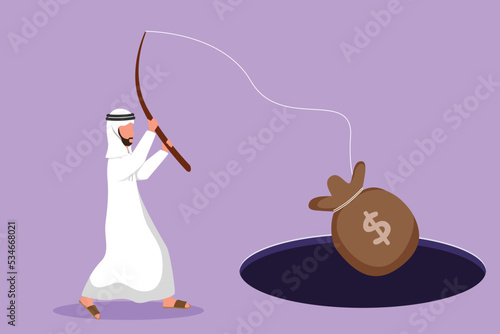 Graphic flat design drawing Arab businessman holding fishing rod got big money bag from hole. Man catching money bag with fishing rod. Business idea for making money. Cartoon style vector illustration