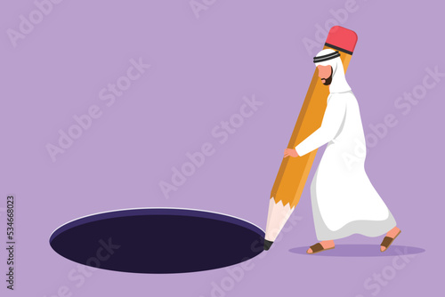Cartoon flat style drawing young Arabian man making circle of holes with big pencil. Business cheating, businessman making hole trap. Failure or defeat entrepreneur. Graphic design vector illustration