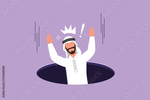 Cartoon flat style drawing Arabian businessman fell into manhole underground sewer. Man fell into sewage. Depressed and business failure metaphor. Defeated worker. Graphic design vector illustration