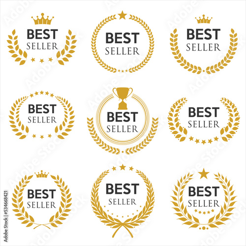 Collection of best seller golden laurel wreath vector illustration