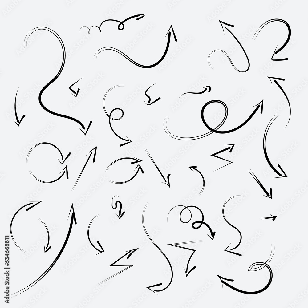 Vector arrow set hand draw. Hand drawn abstract Vector set. Brush stroke style. Children pencil drawing. Editable vector stroke Vector arrow set hand draw. Hand drawn abstract Vector set. Brush stroke style. Children pencil drawing. Editable vector stroke